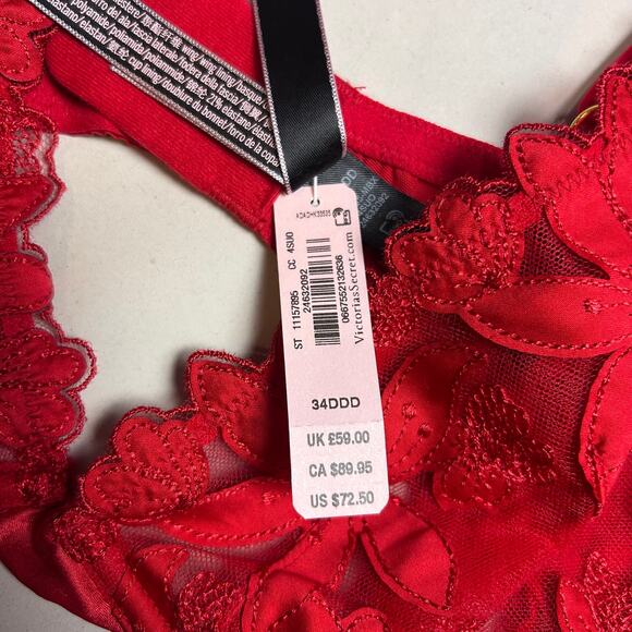 NWT Victoria's Secret Unlined Demi Bra Red Floral Lace 34DDD 34 DDD 34F Lingerie - Picture 11 of 11